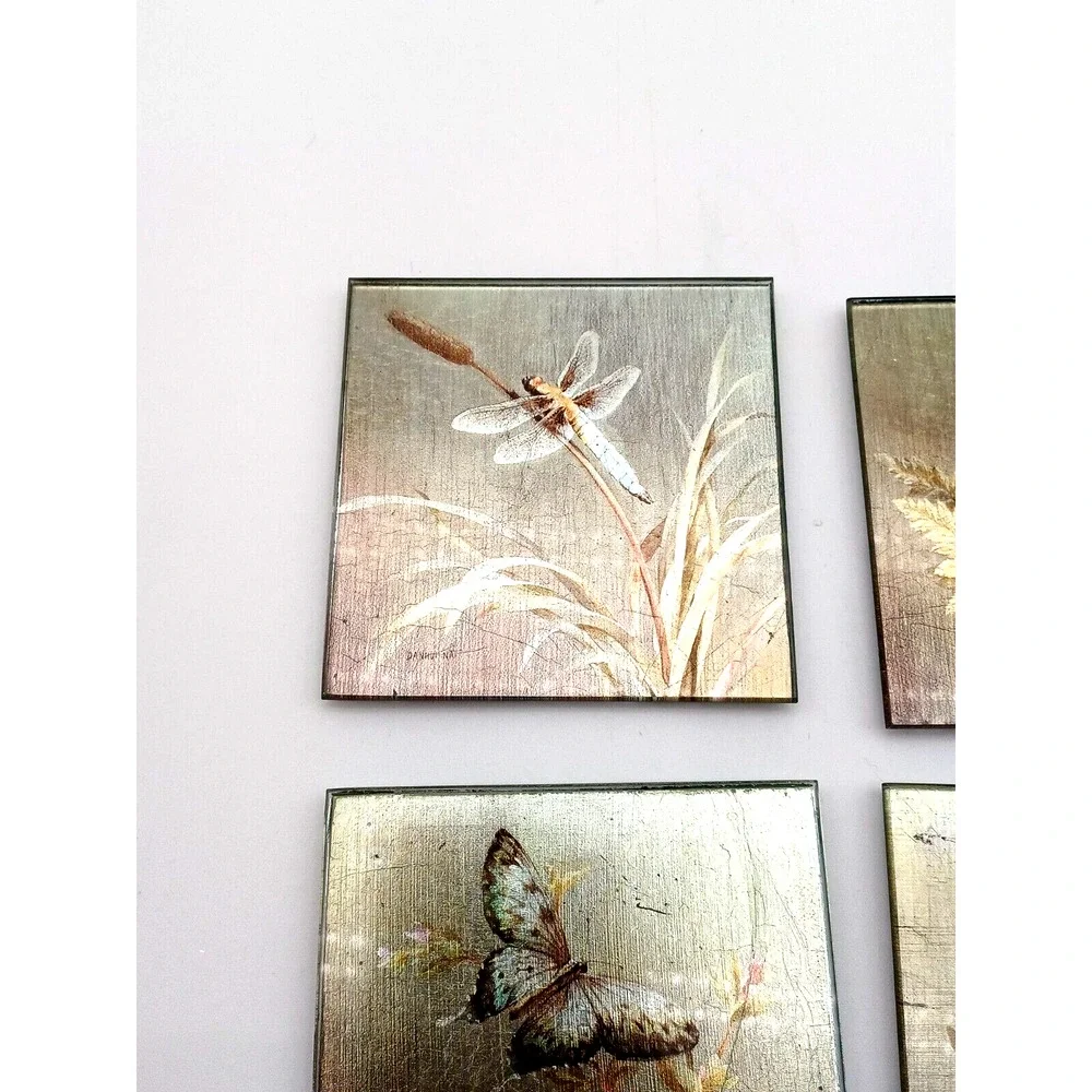 Pier 1 Imports Square Coasters Sous-Verres Foil butterfly firefly Bee Set of 4